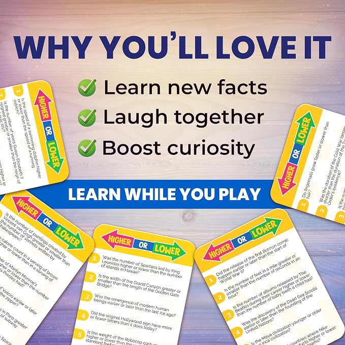 QUOKKA Trivia Board Games for Kids and Adults – Family Board Games for Family Game Night – Higher or Lower Trivia Cards for Kids 8-12 – Guess Fun Questions – Educational Card Game for Families&Teens