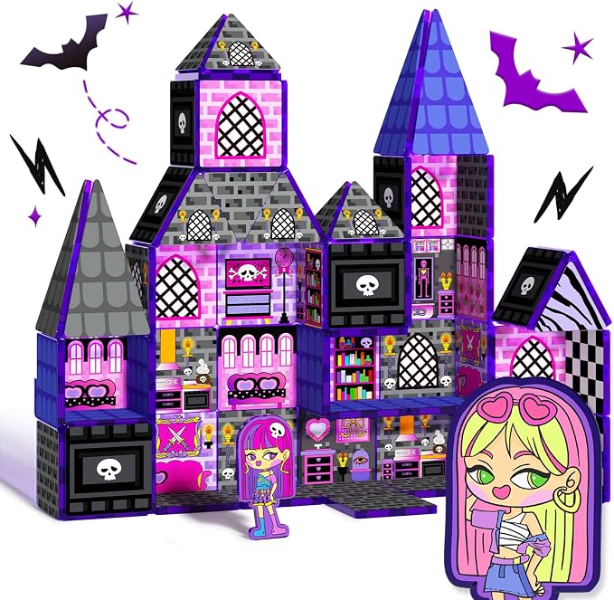 GobiDex Magnetic Doll House Building Toys for Girls with Two Figures, Haunted Castle Magnetic Tiles Playset for Kids Ages 4-8, STEM Sensory Birthday Girls Ages 3+
