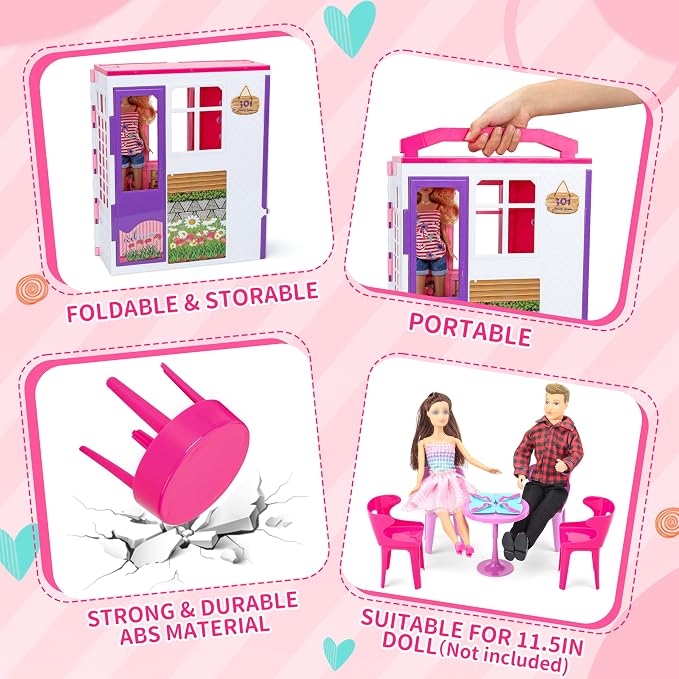 Style Shine Doll House Portable & Foldable Dollhouse w/ 60+ Pcs & 2 Dolls, Play House Toy with Bedroom Kitchen Pet House Camping Playset, Playhouse Gift for Girl Kid Toddler