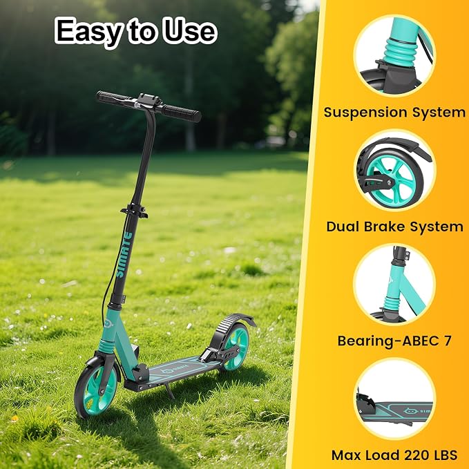 SIMATE Kick Scooter for Kids Teens & Adults, 4 Adjustable Heights, 8IN All Terrain Big Wheels, Dual Brakes & Dual Suspension, Foldable and Lightweight, Gifts for Girls Boys