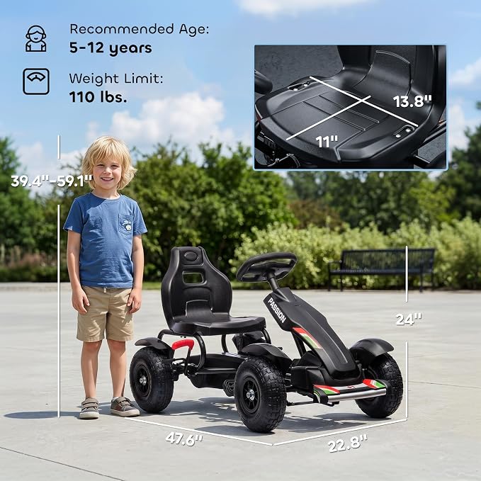 Aosom Kids Pedal Go Kart, Outdoor Ride on Toys with Adjustable Seat, Sharp Handling, Handbrake, 4 Non-Slip Rubber Wheels for Boys & Girls Aged 5-12 Years Old, Black