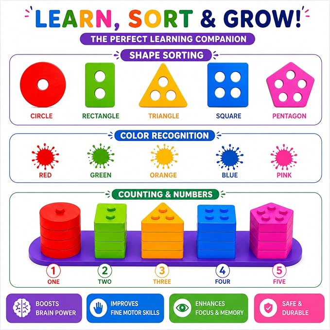 2-in-1 Wooden Shape Sorter & 58 Flash Cards Montessori Toy for Toddlers | Stacking & Sorting Toy for Boys & Girls, Color and Shape Matching Learning Puzzle for Ages 3+, Preschool Education