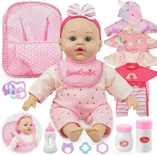 SMILESSKIDDO 12 Inch Soft Body Baby Doll for Toddlers with Take Along Dolls Backpack Carrier Accessories, Baby Doll Clothes and Babydoll Caring Set for Toddler Kids Girls
