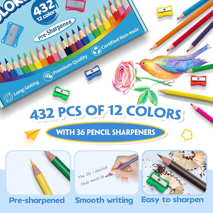 432 Count Colored Pencils Bulk for Classrrom, Color Pencils for Kids in 12 Vibrant Colors, Pre-sharpened Coloring Pencils Set Plus 36 Sharpeners, Bulk Pack Colored Pencils for Back to School Supplies