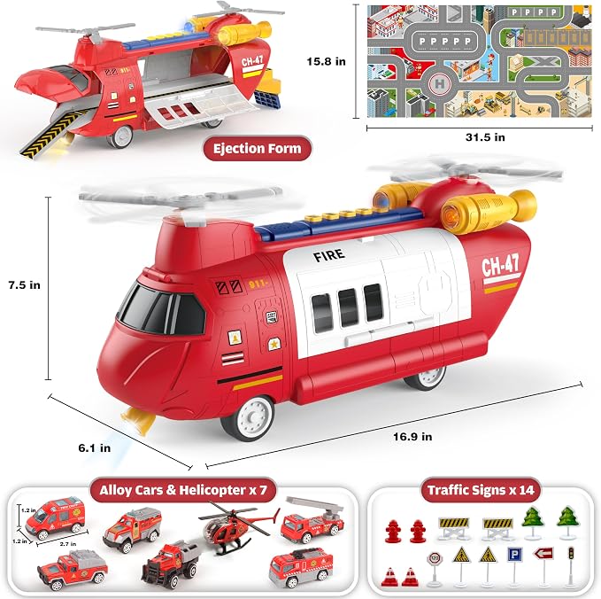Toddler Airplane Toys w/ 7 Alloy Fire Truck Toys/Helicopter, 1 City Play Mat, 12 Road Signs, Airplane Launcher Toys with Lights & Sounds, Auto Spin Propellers, Toy Cars Ejection, Gift for Kids Age 3+