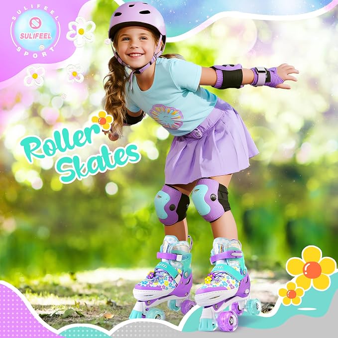 SULIFEEL Rainbow Unicorn 4 Size Adjustable Roller Skates for Girls Boys for Kids Ages 3-5 5-8 6-12 Children Skates Indoor Outdoor