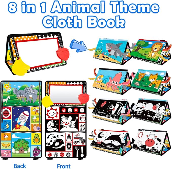 Tummy Time Toys - Baby Mirror Infant Toys Infant Toy with Cloth Book - Black and White High Contrast Baby Toys for Newborn - Montessori Sensory Toy 0 2 3 4 5 6-12 Months Babies Boy Girl Shower Gifts
