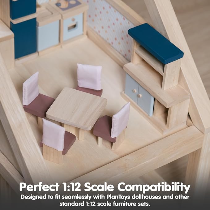 PlanToys® Wooden Dining Room Set | Montessori Dollhouse Furniture with Table, Chairs, Cupboard and Shelf | Imaginative Role Play Toy for Social Interaction | Eco Friendly Pretend Play Kitchen Activity