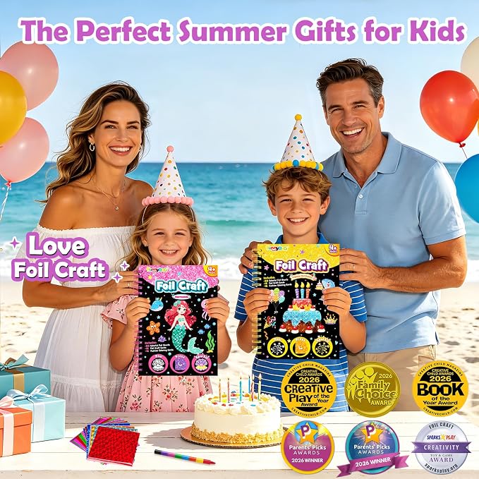 FUNNYB&G Foil Art Craft Kit for Kids 4-10 Years Old: Mess-Free & No-Glue, Create 16 Sparkly Happy Birthday Pictures – Perfect Travel Toy & Birthday Gift for Kids（Happy Birthday）