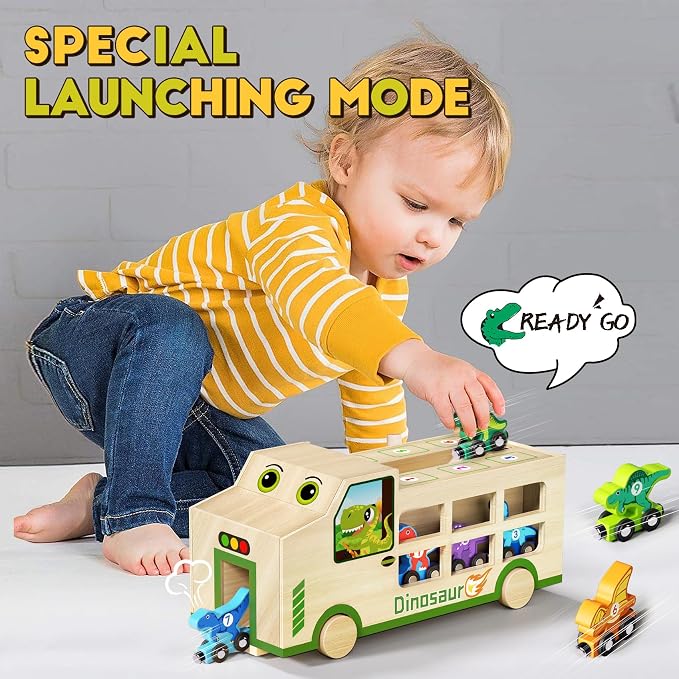 GJZZ Wooden Dinosaur Truck & 10 Magnetic Wooden Dinosaur Train Set | Montessori STEM Toys, Kids 2-5 Years, Toddler Learning Toys, Birthday Gifts for Boys and Girls