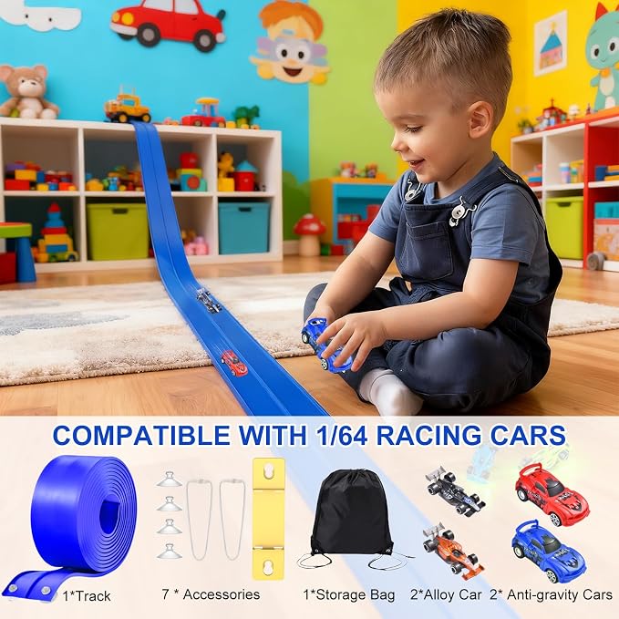 Flexible Race Track Toys for Kids: 20 Ft Flex Race Car Ramp Track with Suction Cups - Rolls Up Portable DIY Racetrack with 4 Racing Cars- Birthday Gifts for Boys Girls Ages 3+ (Dark Blue)