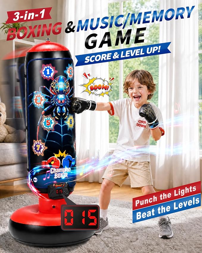 Smart Electronic Punching Bag for Kids,Boxing Set with Scoring,Lights,Music,4 Game Modes-Challenge,Memory,Inflatable Boxing Bag with Gloves,Interactive Gifts Toys for 4-12 Years Old Boys Girls