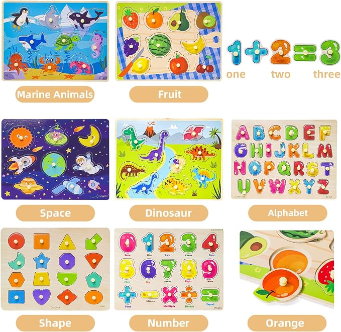GRINNNIE Toddler Puzzle for 2 3 4 Years Old, 7PCS Montessori Kids Wooden Peg Puzzle Set (Dino Animal Shape Number Fruit..), Preschool Learning Puzzles Toy Gift for Boys Girls Birthday
