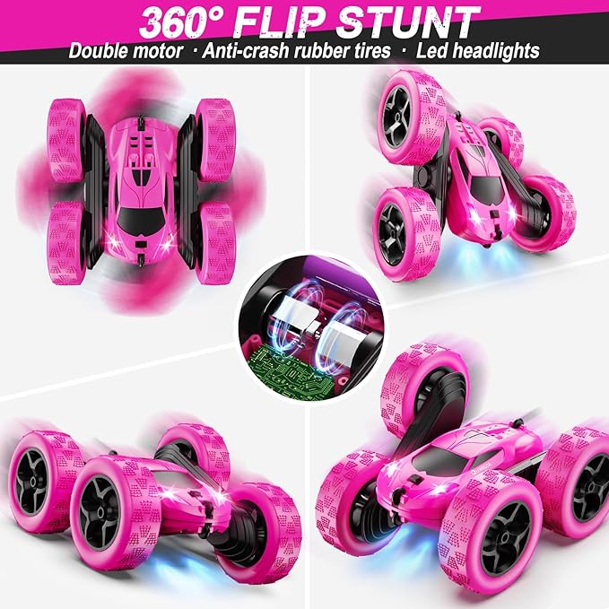 QUNREDA RC Cars, Rose Remote Control Car for Girls, 2.4 GHZ Double Sided RC Stunt Car 360° Rotating Remote Control Crawler with Headlights Car Toys for 6 7 8 9 10 11 12 Girls Birthday Gift