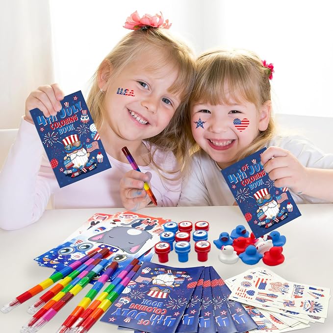 Cinrobiye 72 Pcs Patriotic Activity Set, 4th of July Coloring Books with Crayons, Stickers, Tattoos, Stampers and Mini Duck Accessories for Classroom Activity, Event Supplies and Holiday Gatherings