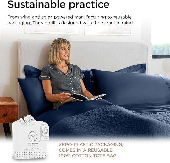 Threadmill 100% Cotton Sheets for Twin Size Bed - 600 Thread Count Twin Bed Sheets Set with 15” Deep Pocket - Sateen Weave 3-Piece Bedding Set with Cooling Effect, Folkstone Blue