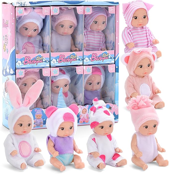 6PCS 4 Inch Realistic Open-Eye Baby Doll Playset - Mini Reborn Baby Dolls with Handmade Pink Clothes, Christmas Easter for Kids Age 3+