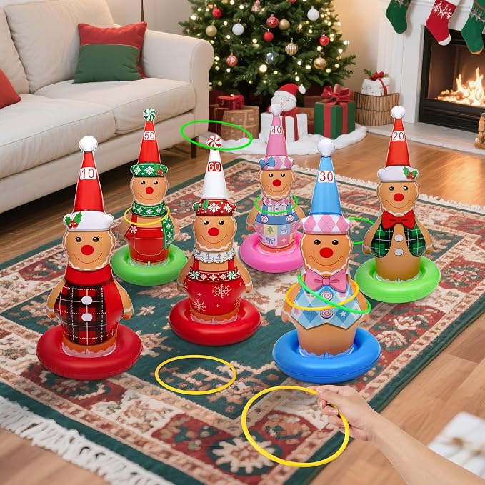 6 Pack Christmas Ring Toss Games, Gingerbread Man Inflatable Ring Toss Game,Christmas Party Games for Kids,Adults,Family,Indoor Outdoor Game Garden Toys Gifts