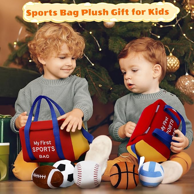 My First Sports Bag Plush, Baby Sports Toys Plushie with 5 Pcs Ball Plushy for Toddlers, First Birthday Gifts for Boys Girls