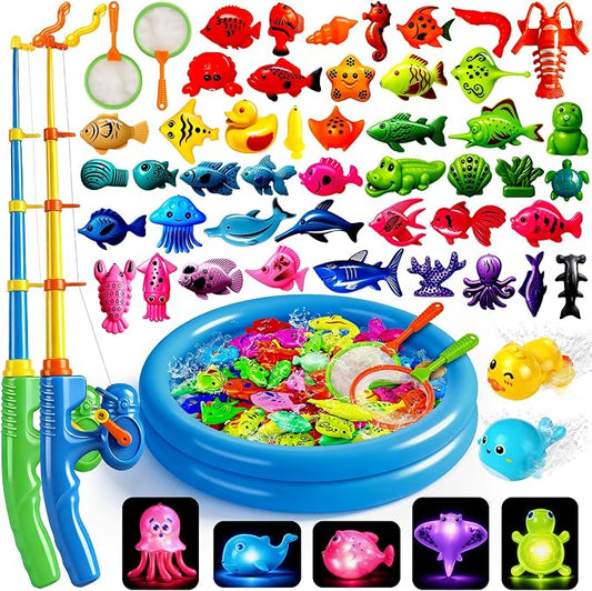 CozyBomB™ Magnetic Fishing Toys Game Set for Kids | Water Table Bathtub Kiddie Pool Party Pole Rod Net, Outdoor Plastic Floating Fish, Toddler Bath Color Ocean Sea Animals Birthday Gift Age 3-5 6 4-8