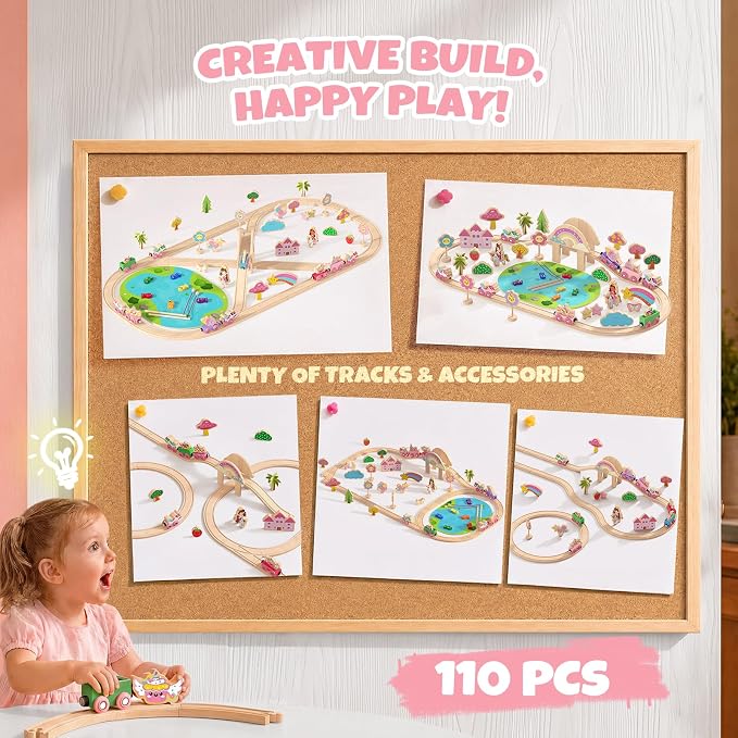 Hot Bee 110PCS Wooden Train Set, Toy Train Track Set for Toddlers Girls 2-4, Pink Wood Train Track with Fairies & Unicorns, Girl Train Set Birthday Gifts for 2 3 4 5 6 7 Year Old