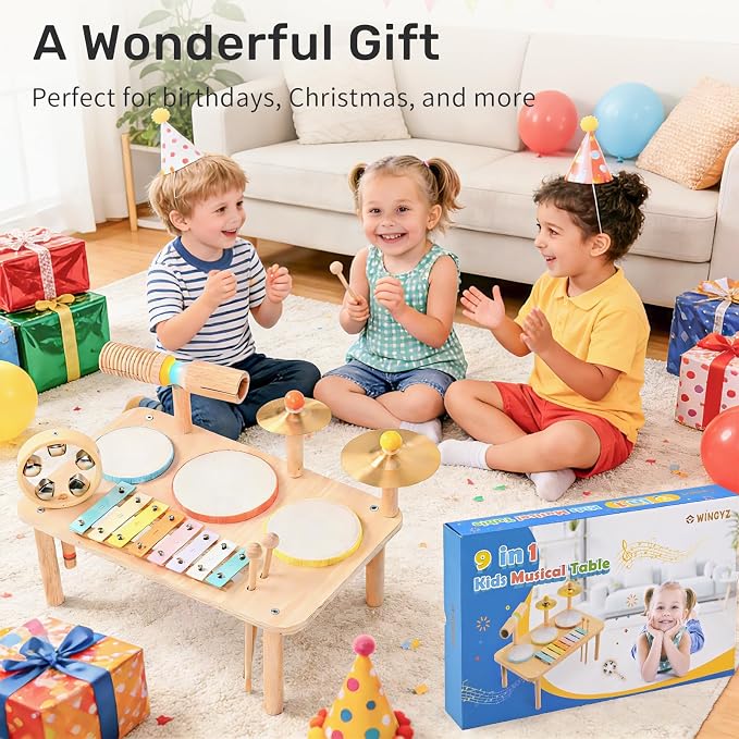 WINGYZ Kids Drum Set – 9-in-1 Montessori Toys for 1-3 Year Old & Wooden Musical Instruments for Toddlers, Baby Musical Toys with Drums, Xylophone, Helps Hand-Eye Coordination, Gift for 1-3 Boys Girls