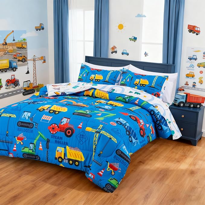 Holawakaka Trucks Excavator Cars Boy Bedding Comforter Set with Sheets, Full Size Cartoon Construction Car Tractor Print Kids Bed in A Bag 5-Piece, Boys Reversible Dorm Bed Sets (Blue Full)