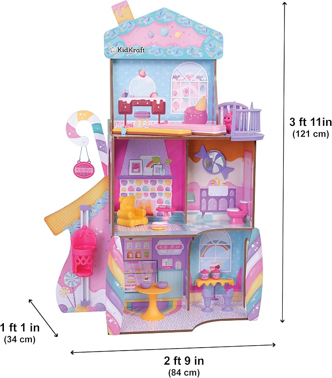 KidKraft 20242 Wooden Doll House Candy Castle Toy Set with Unicorn Llama Figure and Ice Cone Lift for Dolls, Toy for Children from 3 Years