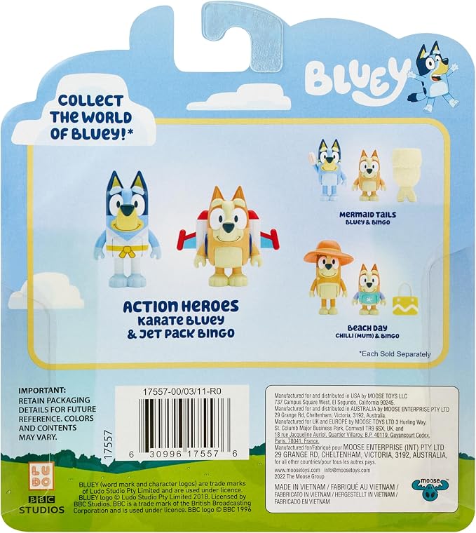 Bluey Action Heroes Toy Figures Set of 2, Articulated Character Toys with Karate and Jet Pack Figurines, Small Action Figures for Kids Ages 3+
