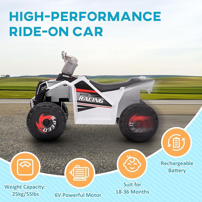 Aosom Kids ATV Quad Car, 6V Four-Wheeler Ride on Toy for Kids with Forward Backward Function, Wear-Resistant Wheels for Toddlers Ages 18-36 Months, White