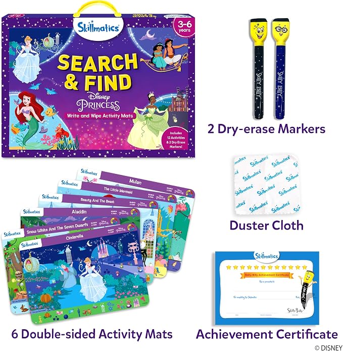 Skillmatics Search and Find Disney Princess Educational Game - Reusable Preschool Learning Activity, Perfect for Toddlers & Kids, Screen-Free Fun, Art & Crafts, Gifts for Boys & Girls Ages 3, 4, 5, 6