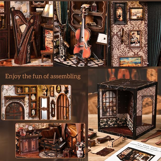 DIY Miniature House Kit, Book Nook Kit, A Scene on Every Side, 3D Wooden Puzzles Bookshelf Craft Kits, Dollhouse Kit with LED Light, Mini Building Kit for Adults Teen (European Melody Instrument Box)