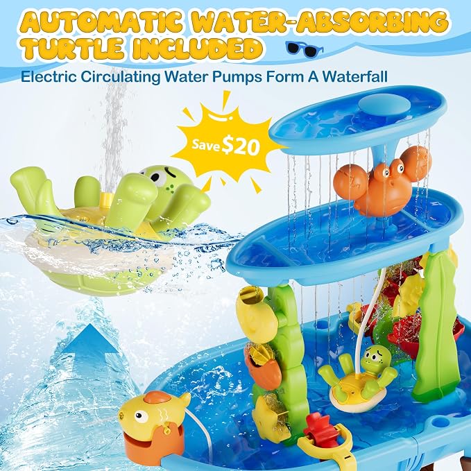 Kids Sand Water Table for Toddlers with Umbrella/Water Pumb, 3-Tier Outdoor Water Sand Play Table Beach Toys, Summer Splash Activity Sensory Table Party Birthday Gift for Kids 3 4 5 6 7 8
