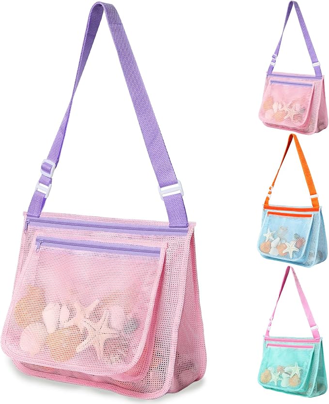 Beach Bag Toys for Shell Collecting,Colorful Beach Mesh Bag with Adjustable Shoulder Straps,Swimming Accessories for Boys and Girls