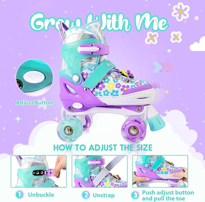 SULIFEEL Rainbow Unicorn 4 Size Adjustable Roller Skates for Girls Boys for Kids Ages 3-5 5-8 6-12 Children Skates Indoor Outdoor