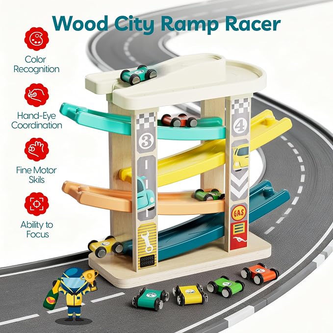 TOP BRIGHT Toddler Toys for 2 Year Old Boy, Wooden Car Ramp Race Track Set, Car Toys for Toddlers 1-3 with Cars and a Garage, Montessori Toys for 12 Year Old Boy Girl,Birthday Gift for Age 18+ Month