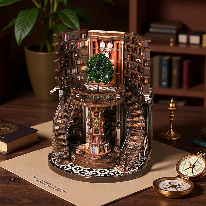 DIY Book Nook Kit for Adults, 3D Wooden Puzzle Tree of Wisdom Miniature Library Kit with Transparent Door & LED, Aesthetic Bookshelf Decor Building Gift for Men Friends (356 PCS