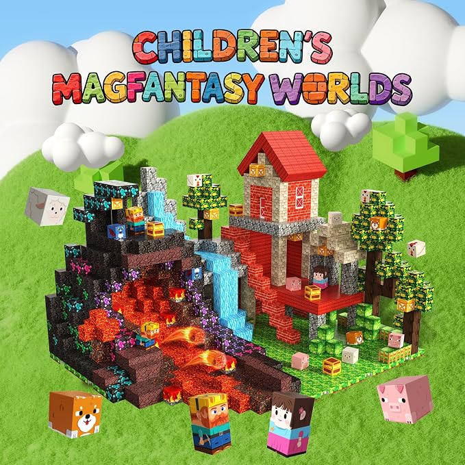 150 PCS Magnetic Blocks, Magnetic Building Blocks Cubes, Farm Magnet Toys for Kids Ages 3+, Magnet Blocks with 4 Bottom Plate for Boys, STEM Toys & Ideal Christmas Birthday Gift
