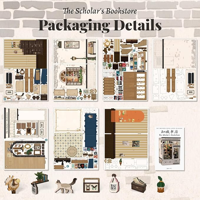 Fsolis Book Nook Kit - DIY Miniature House Kit with Cat | Booknook Bookshop 3D Wooden Puzzles for Adults Tiny Building Kit Gifts for Women Book Lovers (The Scholar's Bookstore)