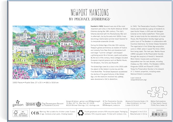 Galison Newport Mansions – 1000 Piece Michael Storrings Jigsaw Puzzle Featuring Beautiful Artwork of Famous Newport Rhode Island Mansions