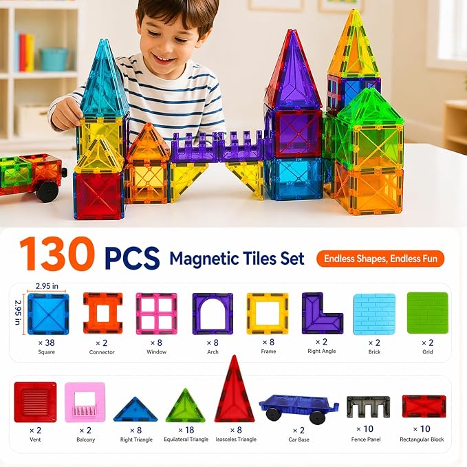 LATI 130-Piece Magnetic Tiles Building Toy Large Set for Kids,Magnetic Building Blocks Construction Set,Open-Ended Play STEM Educational Toy,Compatible with Other Brands,Gift for Boys & Girls Ages 3–8