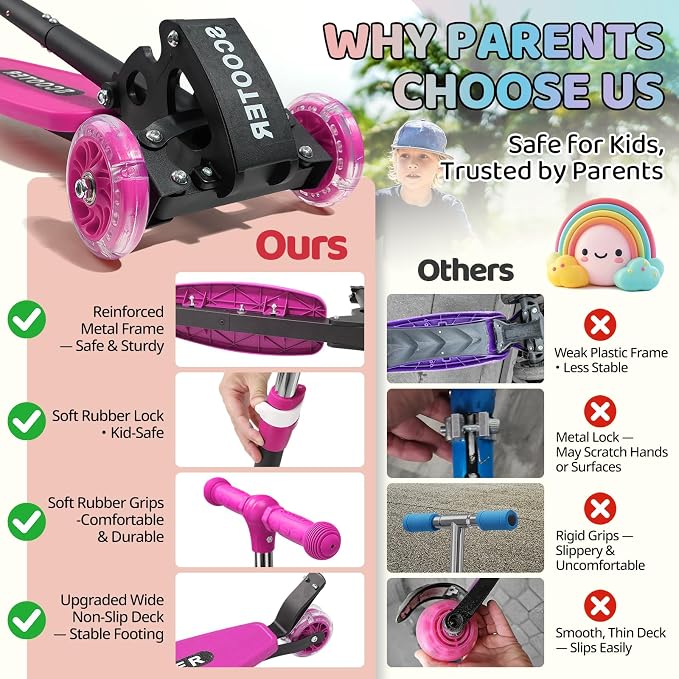 Kick Scooters for Kids 5-7 8-12,Lean to Steer,Three Wheeled Light Up,28"-32" Adjustable Handlebar,Widen Anti-Slip Deck,Floor Push Scooter for Boys Girls Ages 6-12 3-4 Old,Foldable for Travel