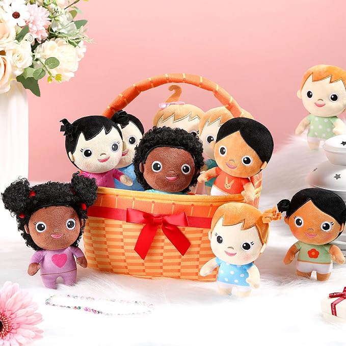 HyDren 10 Pcs Gifts for Children's Day Kids Multicultural Plush Dolls with Basket Diverse Soft Stuffed Dolls Inclusive Toys for Preschool Classroom Daycare Cultural Awareness Gift Set for Boys Girls