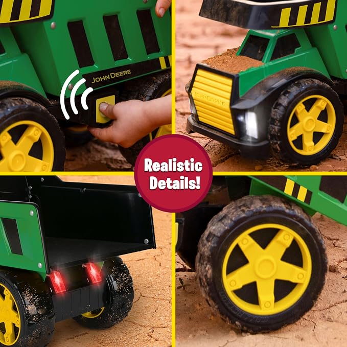 John Deere 16" Steel Dump Truck, Realistic Lights & Sounds, Heavy Duty Metal Truck Bed, Extra Large Wheels, Rugged Construction Vehicle Toy for Kids, Ages 3+, Indoor and Outdoor Play