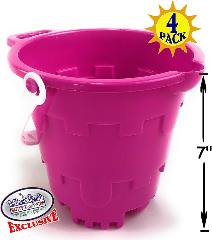 Matty's Toy Stop Beach Gear 7" Plastic Castle Mold Sand Buckets (Pails) with Easy Pour Spout and Handle Blue, Pink, Green & Yellow Party Set Bundle - 4 Pack
