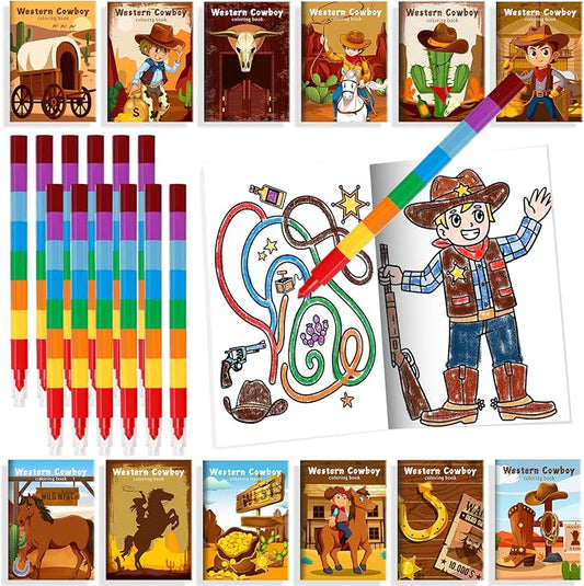BenLouis 24 Western Cowboy Mini Coloring Books Kids With 24 Stacking Crayons Wild West Party Favors Activity Books Bulk for Kids Yee Haw Rodeo Goodie Bag Gift Stuffer Classroom Reward