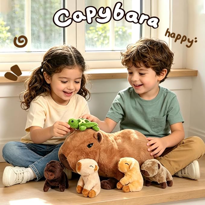 5 in 1 Capybara Plush, 14.2" Capybara Stuffed Animal with Babies Inside, Mommy Stuffed Capybara Plushies Pillow Toys with 4 Baby Capibaras Peluches for Kids Christmas Birthday Gifts Party Favors