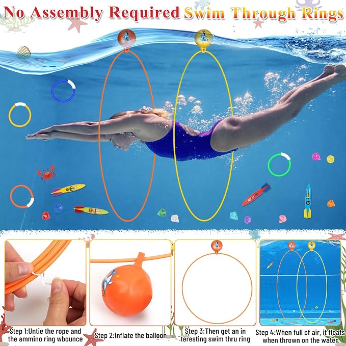 Cludoo 23PCS Pool Toys Games for Kids, No Assembly Stability Swim Thru Rings, Pool Diving Toys for 3,4,5,6,7,8,9,10,11,12 Kids Swim Rings for Kid Teens Adults Include Torpedos Diving Gems