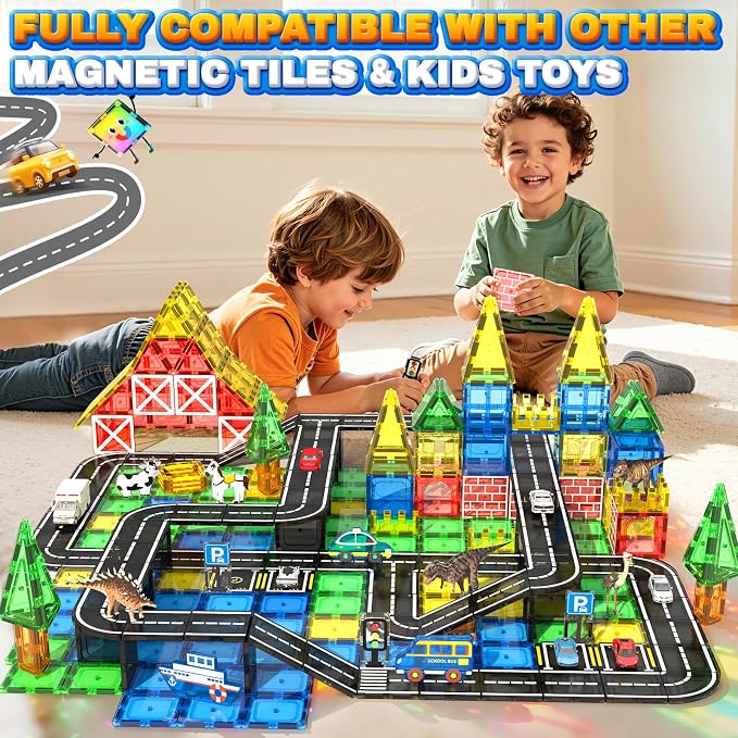 Magnetic Tiles Road Set, STEM Magnetic Building Blocks for Toddlers Kids Ages 3-5 4-8, Birthday for 3+ Year Old Boys Girls