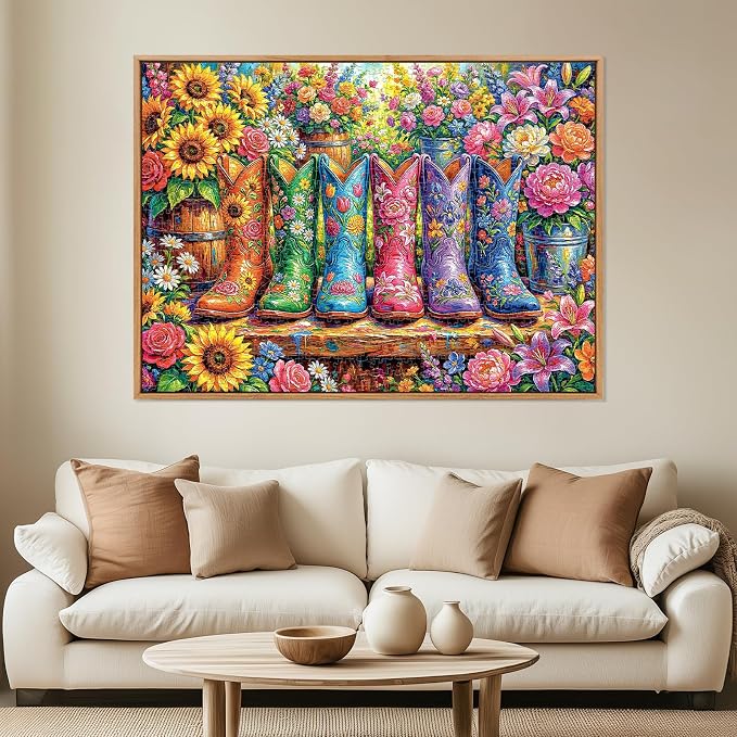 1000 Piece Puzzle for Adults, Colorful Flower Boots Jigsaw Puzzles, Plant Floral Boot Garden Jigsaw Puzzle, Fun Challenging Puzzle with Letters on Back, Cowgirl Blooming Boots Puzzles for Game Night